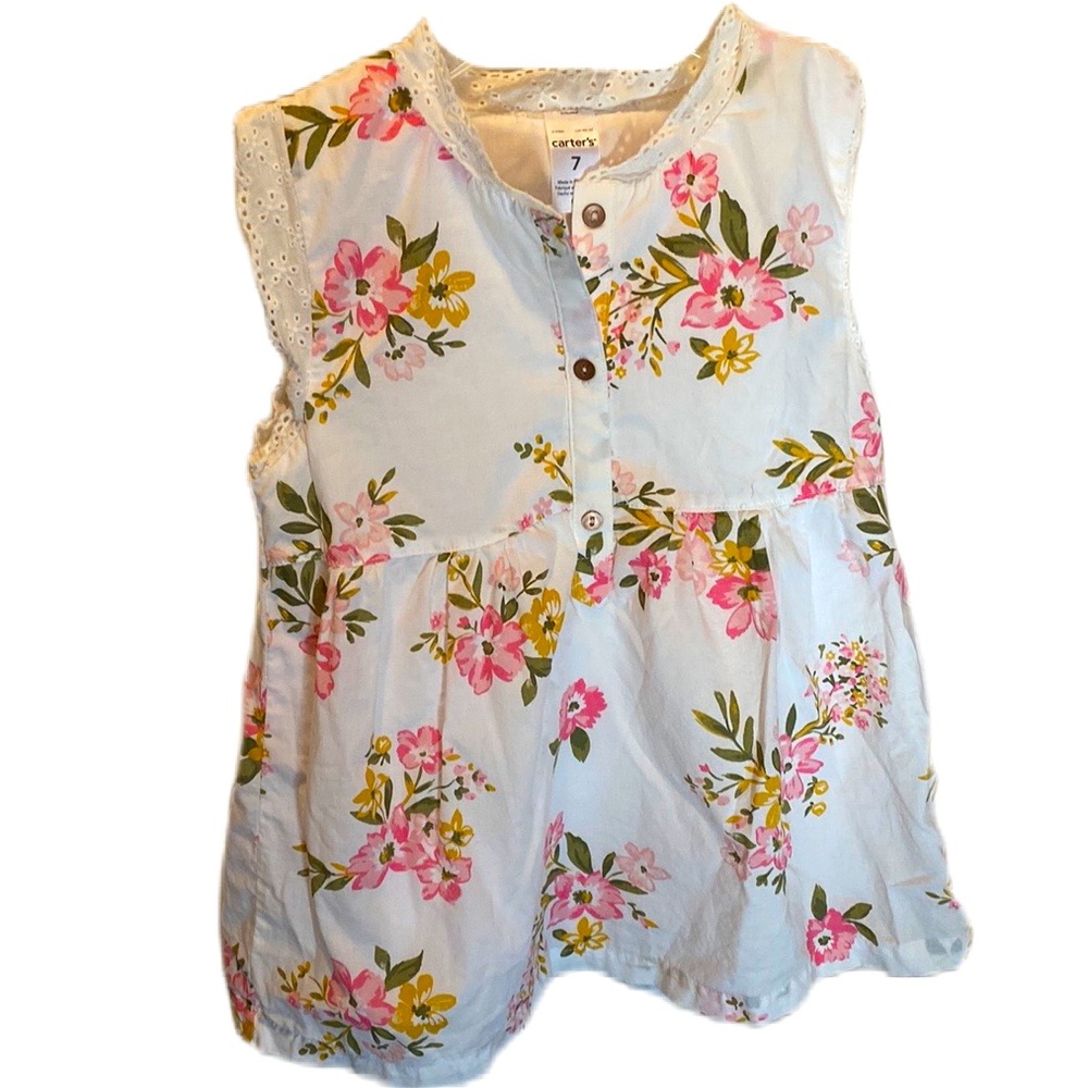 CARTERS Children’s Floral Tank Cotton Dress Girls ~ Pink & White ~ Size 7 ~ EUC!